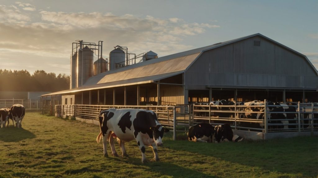 تصویر یک گاوداری مدرن و سودآور در طلوع آفتاب با گاوهای سالم